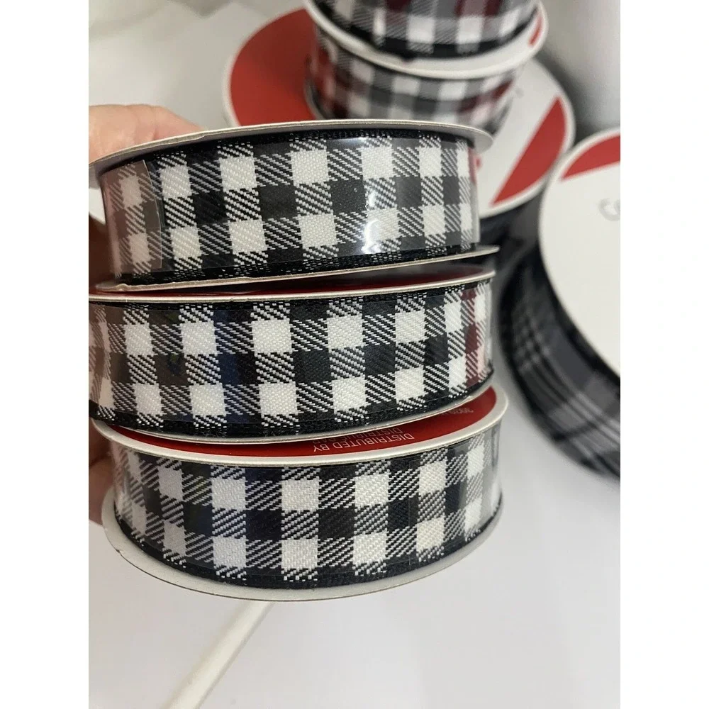 Buffalo Plaid Wired Ribbon Lot Christmas‎ Black White Craft Decor 7 Rolls